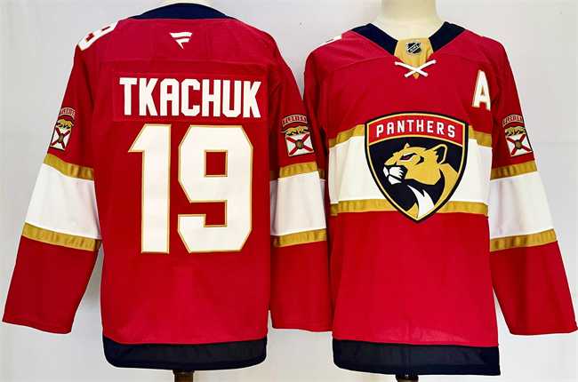 Mens Florida Panthers #19 Matthew Tkachuk Red 2024-25 Home With A Patch Stitched Hockey Jersey